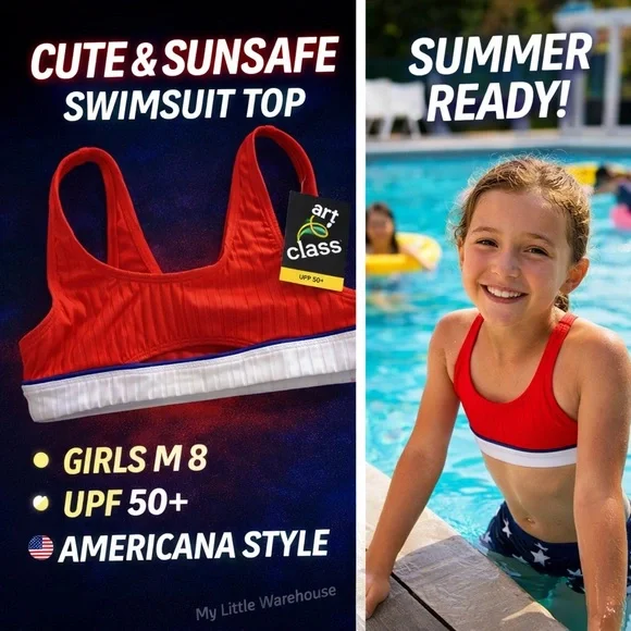 Art Class Girls Medium 8 Red Ribbed Swimsuit Top Americana UPF 50+ NWT - Picture 2 of 8